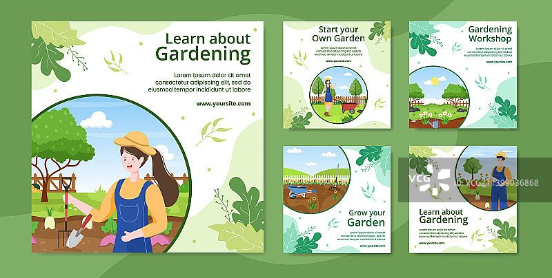 园艺社交媒体帖子模板（扁平卡通风格）图片素材