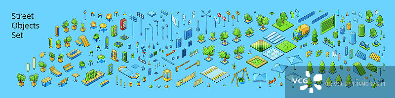 2.5D街道元素：树木和路标图片素材