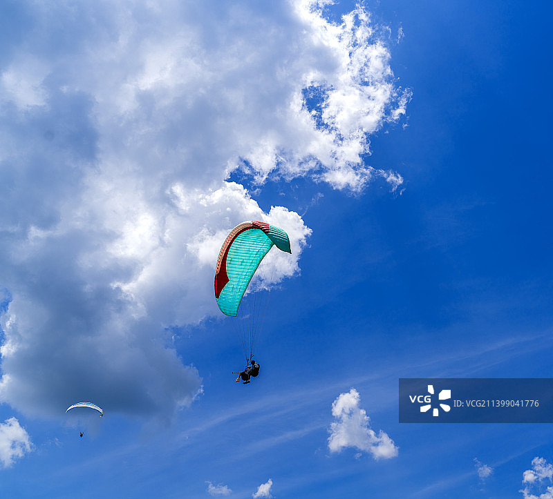 滑翔伞在蓝天白云间飞翔图片素材