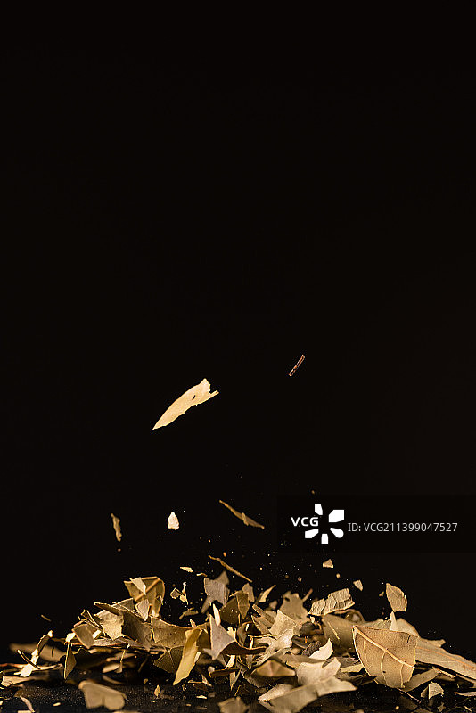 月桂叶香叶在黑色背景上跳起来高速棚拍广告素材图片素材