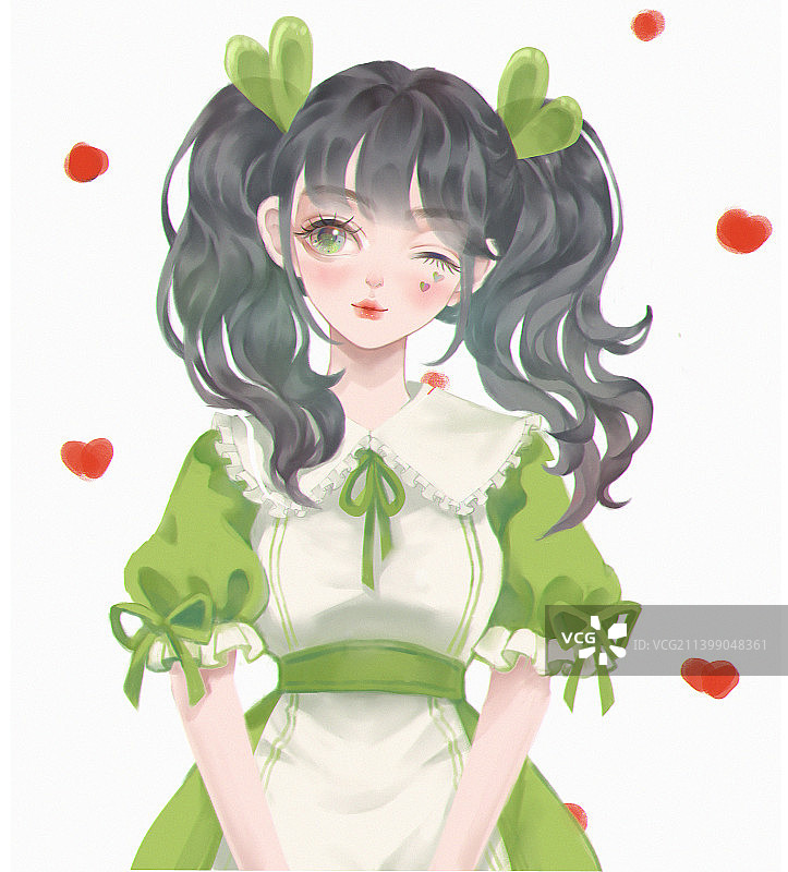 可爱绿色连衣裙双马尾女孩图片素材