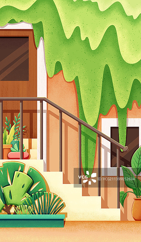室外房门前绿植插画背景图片素材