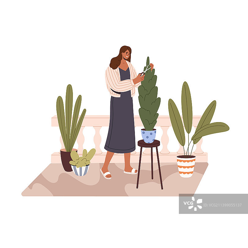 女人在家照料盆栽花园图片素材