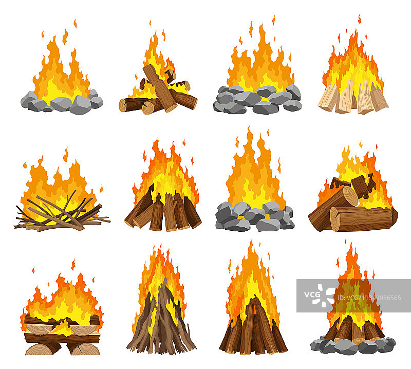 不同类型的壁炉营火燃烧木柴图片素材