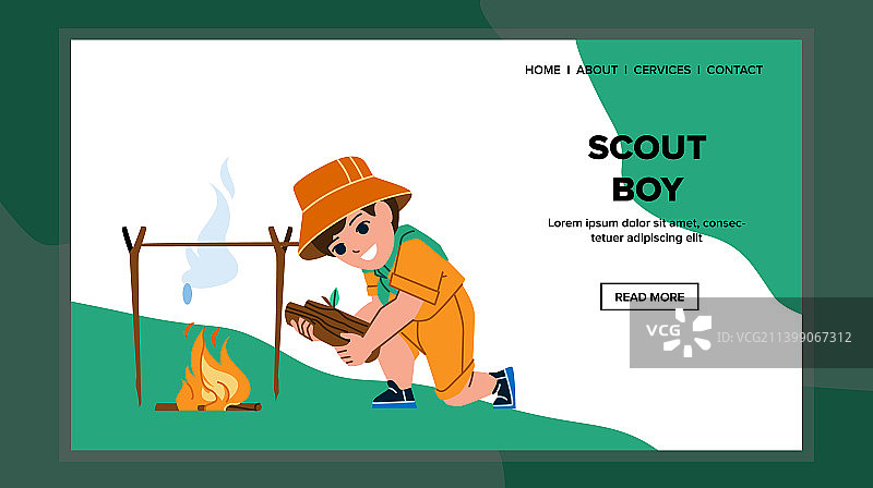 童子军男孩在户外点燃篝火图片素材