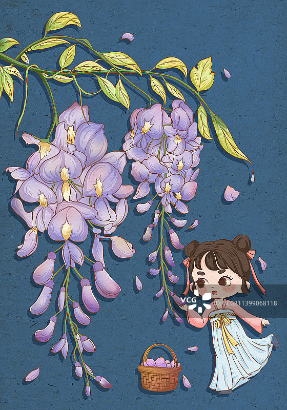 手捧紫藤花古风小女孩插画图片素材