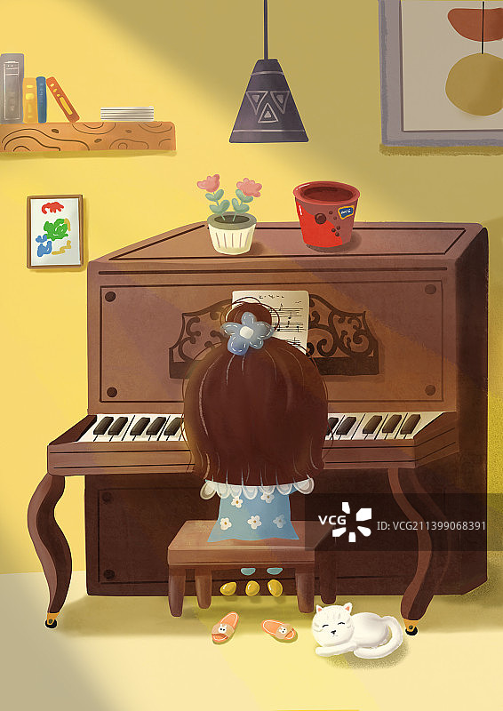 可爱女孩在弹琴图片素材