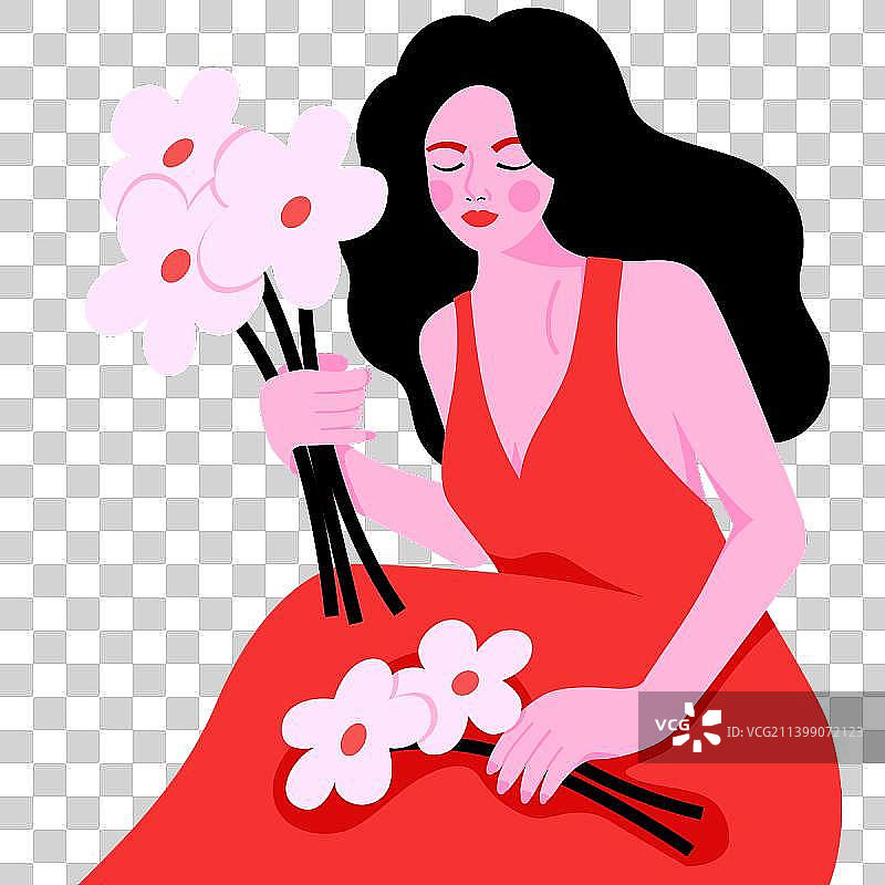 拿花的红裙女性图片素材