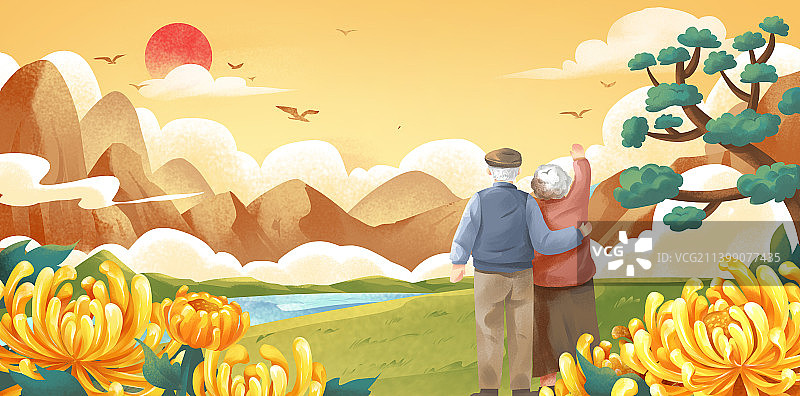 两位老人登山赏菊图片素材