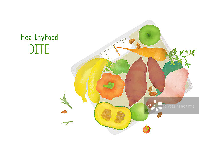 健康食品、健康生活方式、健康护理、蔬菜、香蕉、甜南瓜、红薯、鸡肉、胡萝卜、苹果、辣椒、体重秤、饮食图片素材