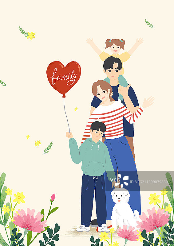 家庭月：五月，家庭，父母，孩子，鲜花，宠物狗，气球，母亲节，儿童节，康乃馨图片素材