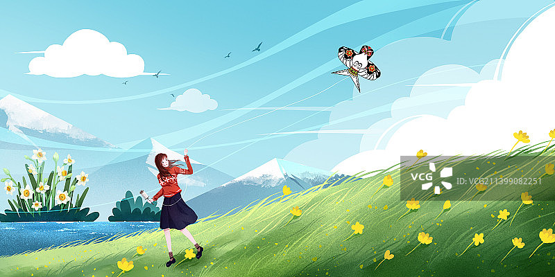 蓝天白云草地放风筝图片素材