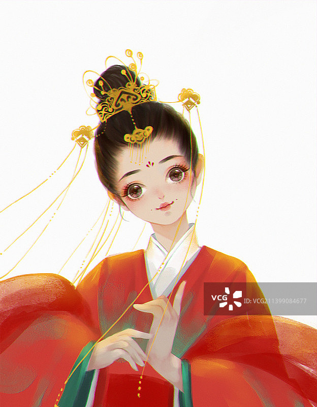 白色背景下穿着古代服装的女孩肖像图片素材