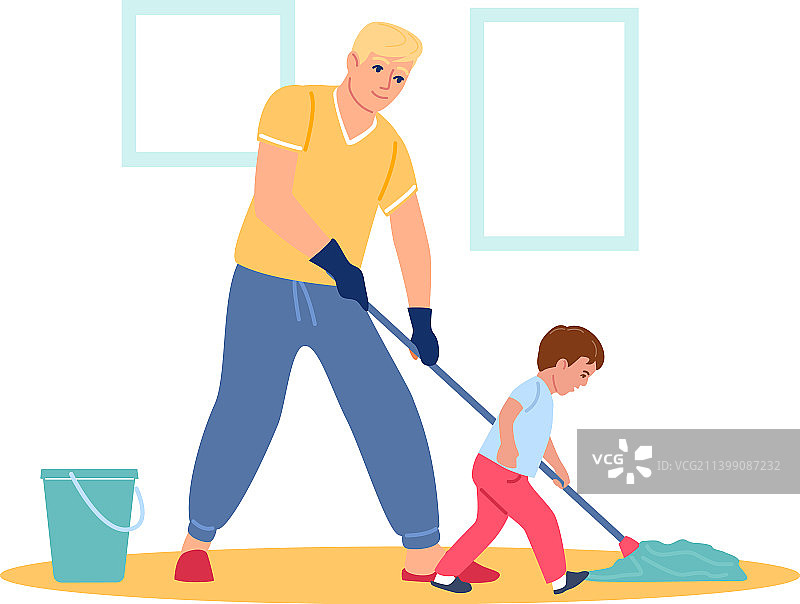 父子一起在春天洗地板图片素材