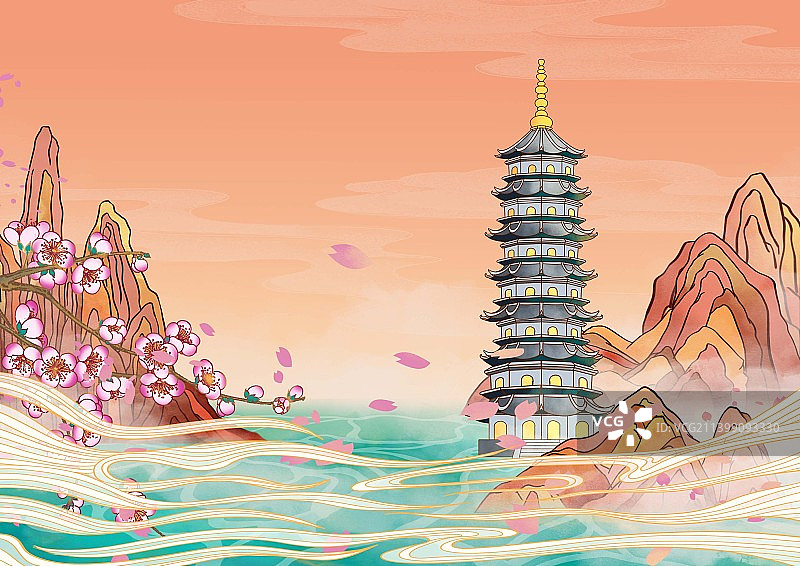 合肥地标古建筑国风插画振风塔图片素材