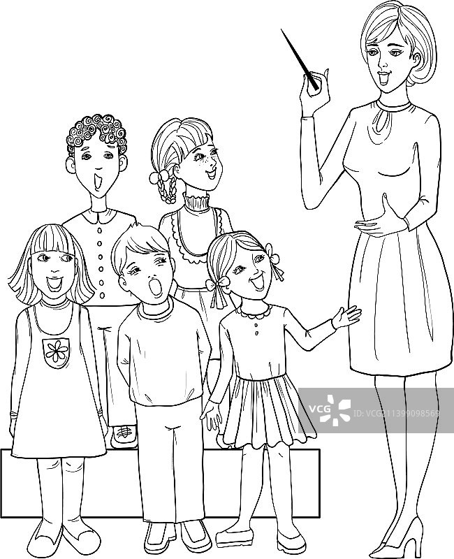 音乐老师与儿童合唱团一同歌唱图片素材