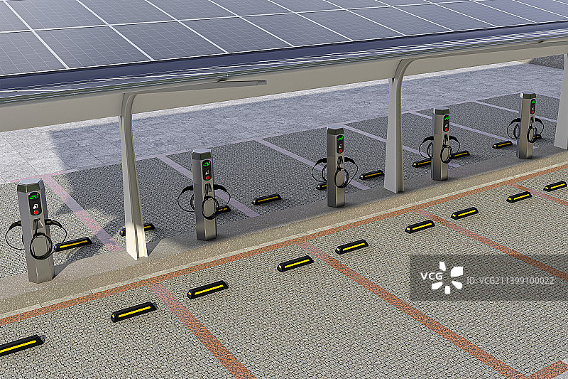 太阳能供电的电动汽车充电站，C4D软件制作图片素材