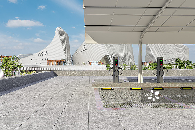 停车场内的电动汽车充电站与城市建筑，C4D软件制作图片素材