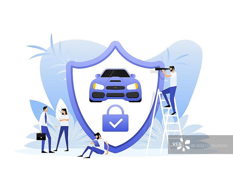 蓝色背景上的扁平风格汽车保险信息图表图标图片素材