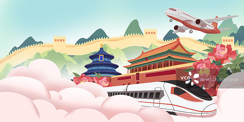 盛世中国国庆节日长城天安门天坛高铁飞机牡丹丝带图片素材