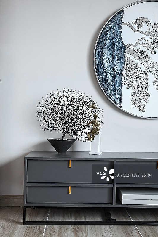 新中式装修风格、背景墙、柜子、图片素材