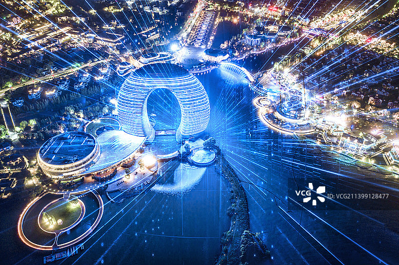 湖州喜来登酒店夜景大数据概念科技智慧城市图片素材