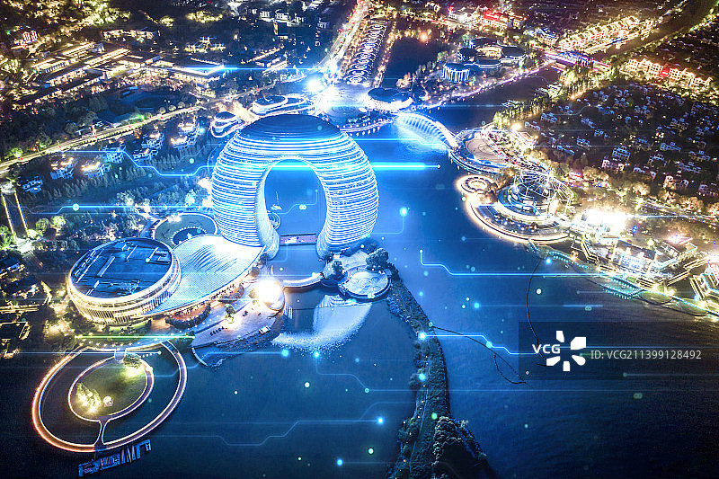 湖州喜来登酒店夜景大数据概念科技智慧城市图片素材