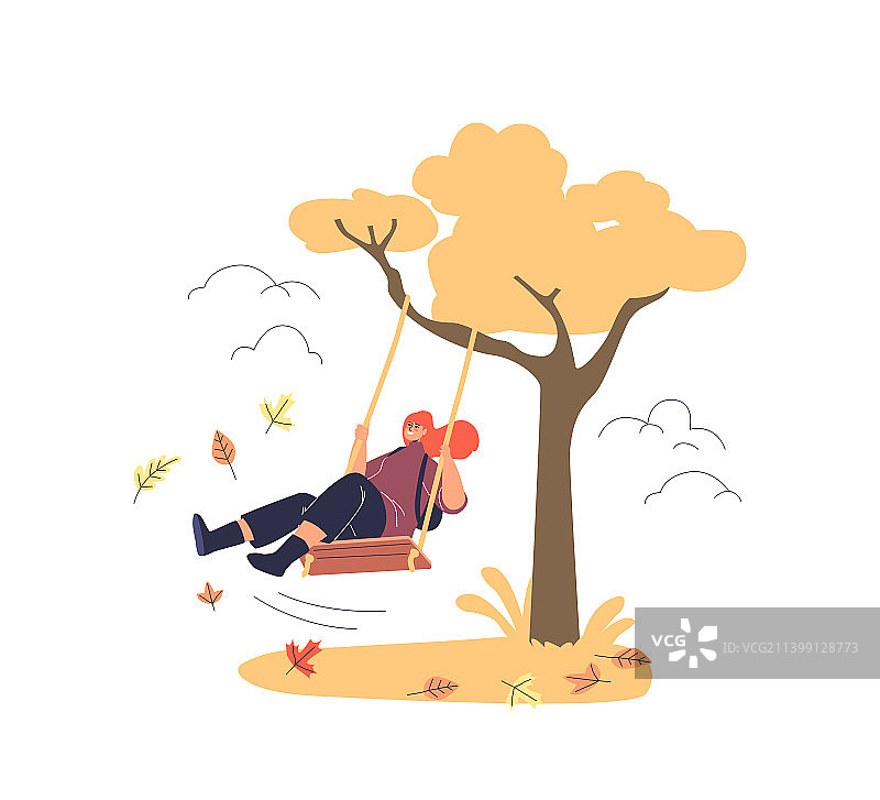 女孩在秋天的公园荡秋千图片素材