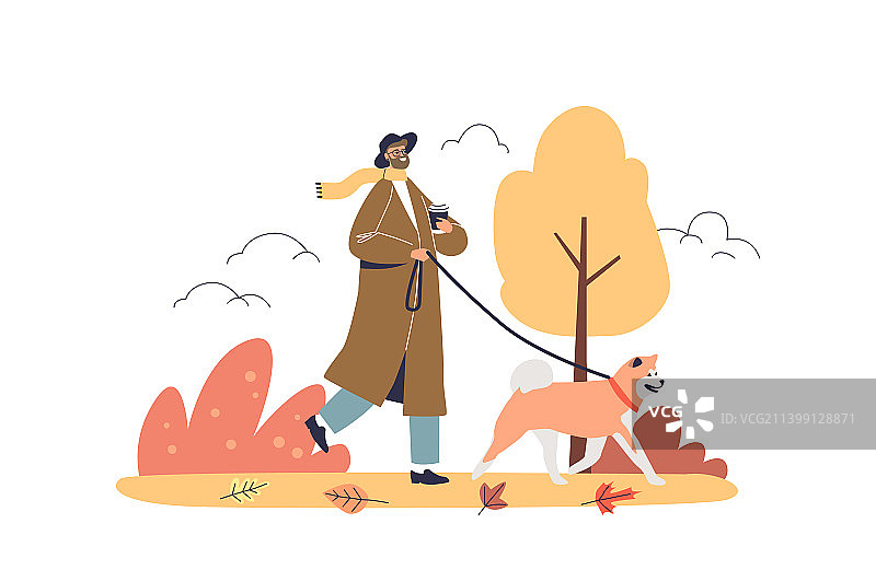 秋天公园里遛狗的年轻潮男图片素材