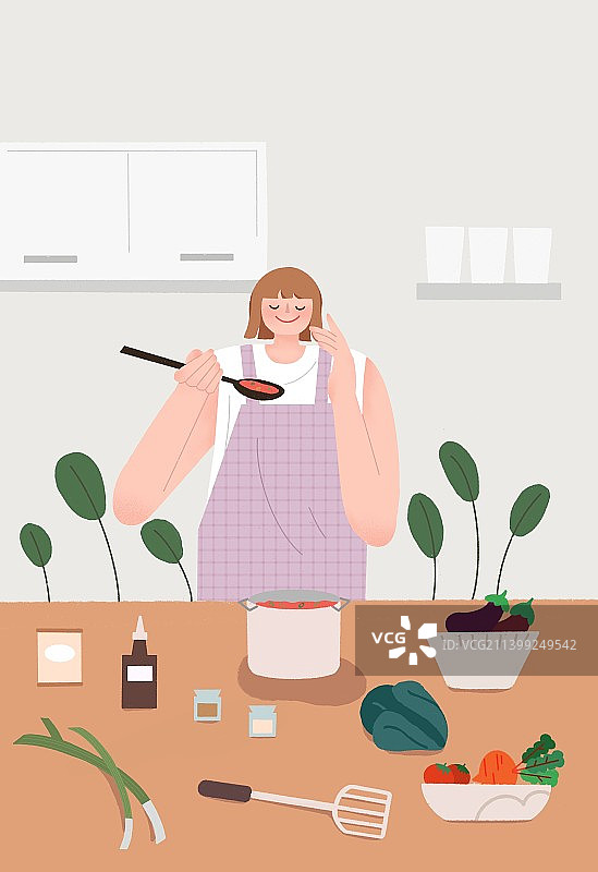 在厨房做饭的女孩绿色食品图片素材