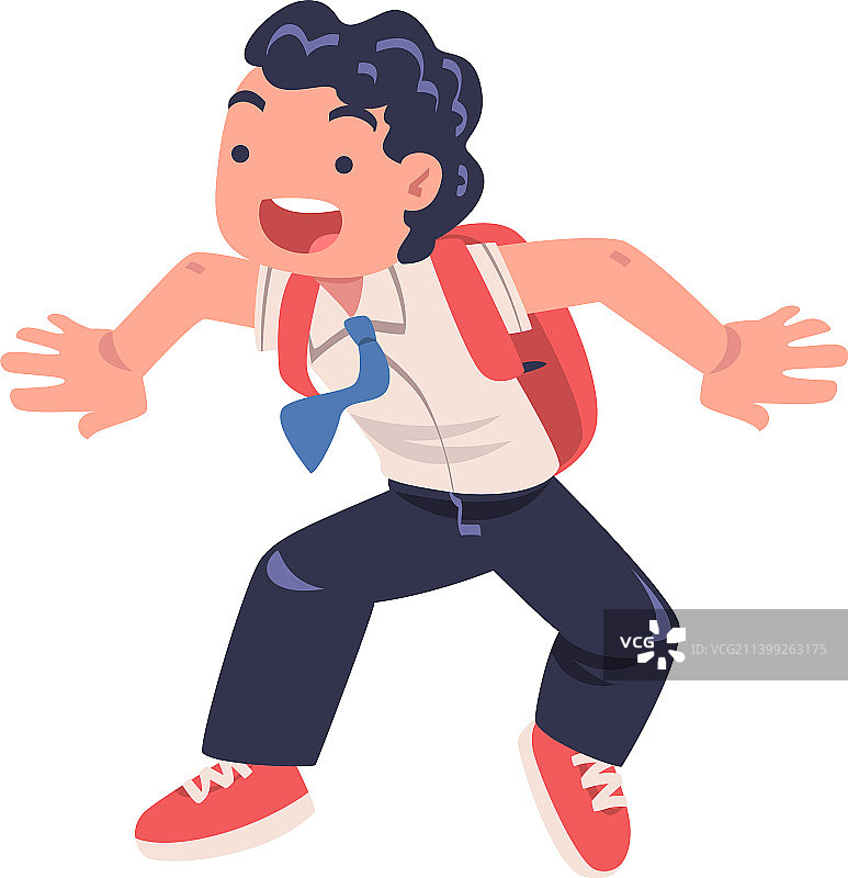 快乐的男学生穿着制服，系着领带，背着背包图片素材