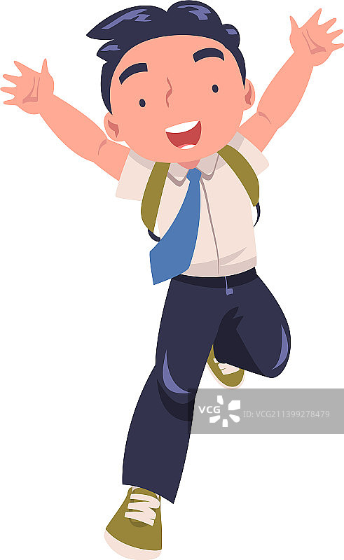快乐的男学生穿着制服，系着领带，背着背包图片素材