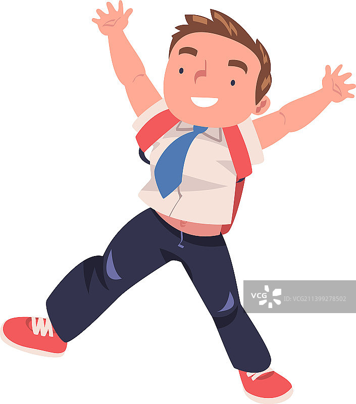 快乐的男学生穿着制服，系着领带，背着背包图片素材