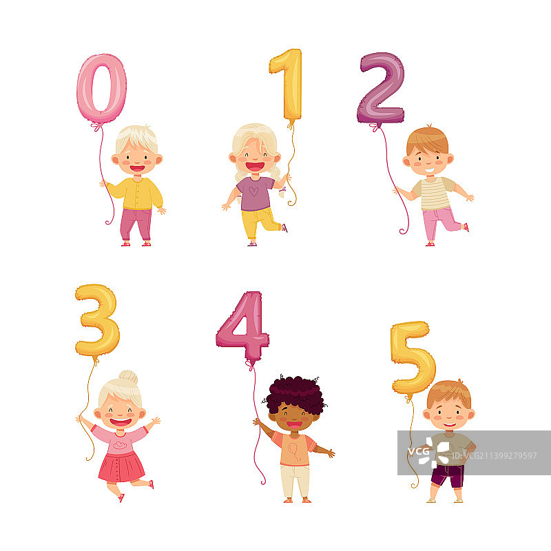 拿着数字气球的可爱男孩和女孩图片素材