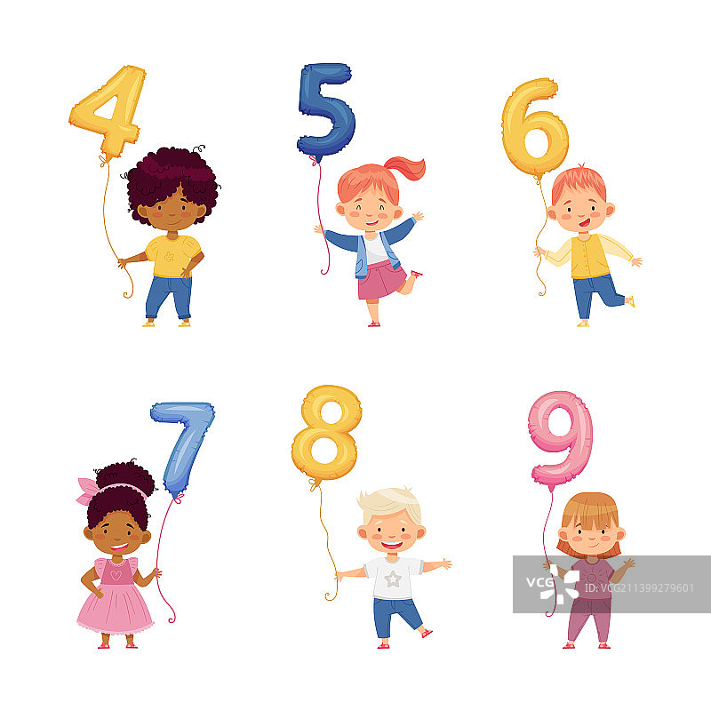 拿着数字气球的可爱男孩和女孩图片素材