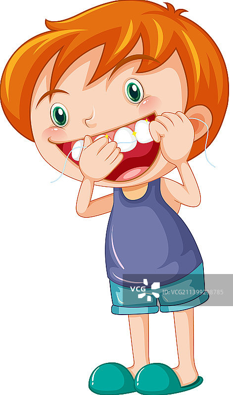 可爱男孩卡通人物用牙线清洁牙齿图片素材