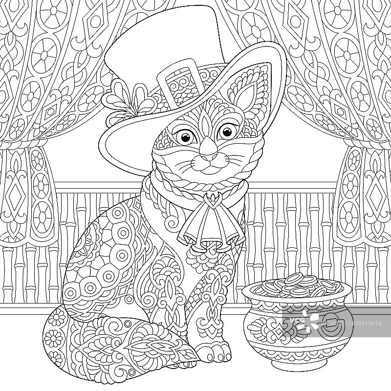 圣帕特里克节禅绕猫填色页图片素材