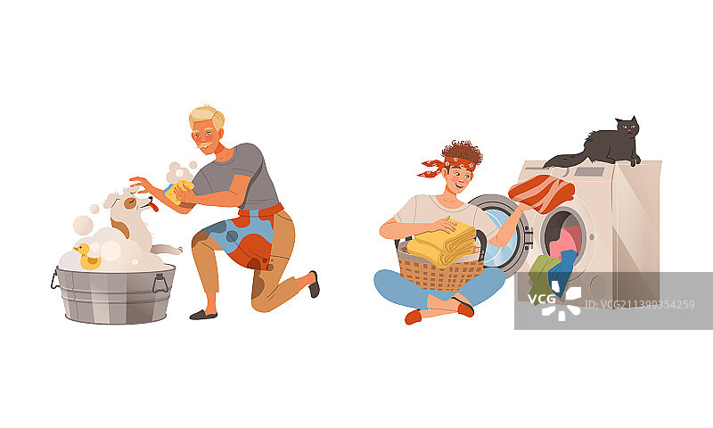 家庭主夫的日常生活：男人洗狗图片素材