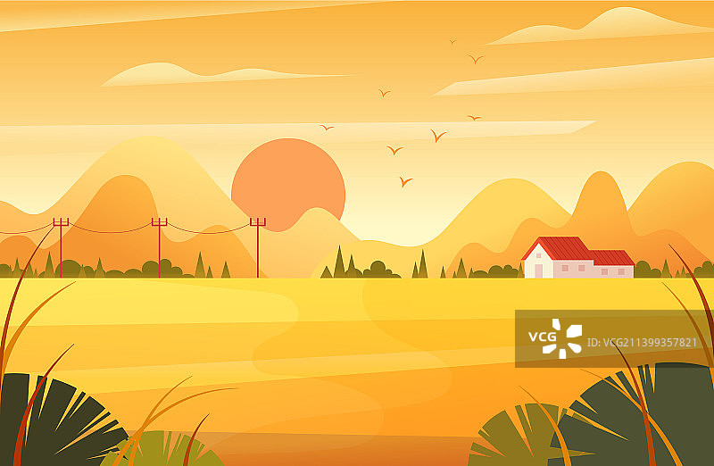 秋季旅游踏秋乡村郊区田野麦田稻田风光矢量图片素材