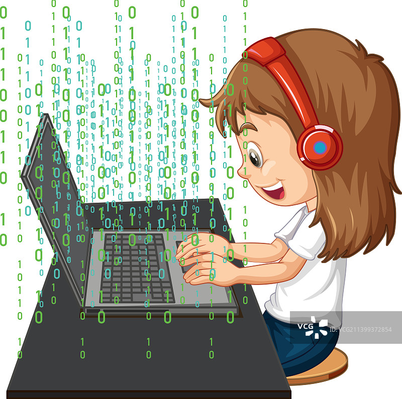 使用带有二进制代码的笔记本电脑的女孩图片素材