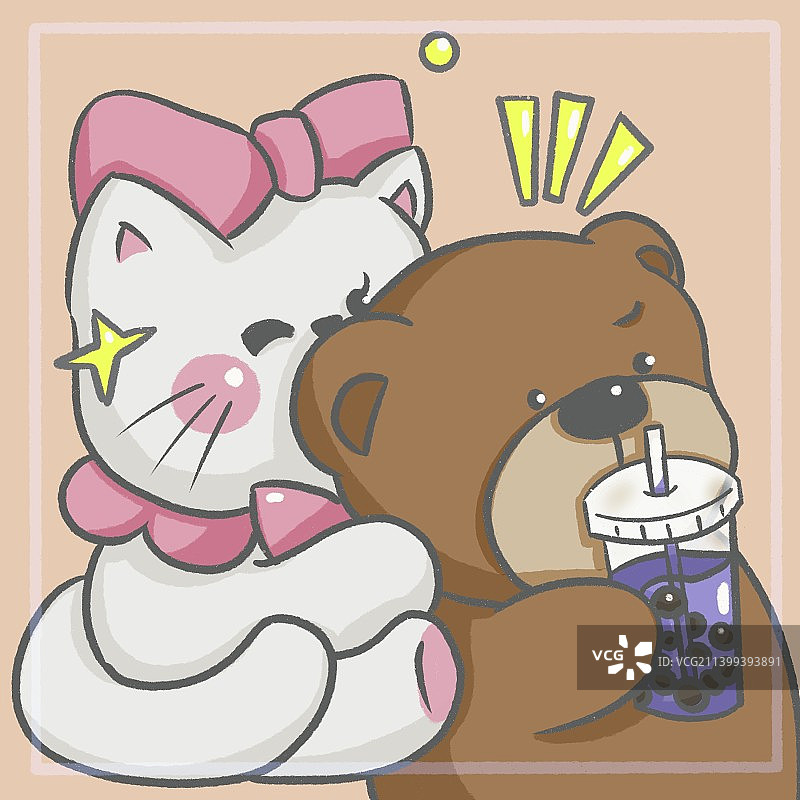 抢奶茶的熊和猫图片素材