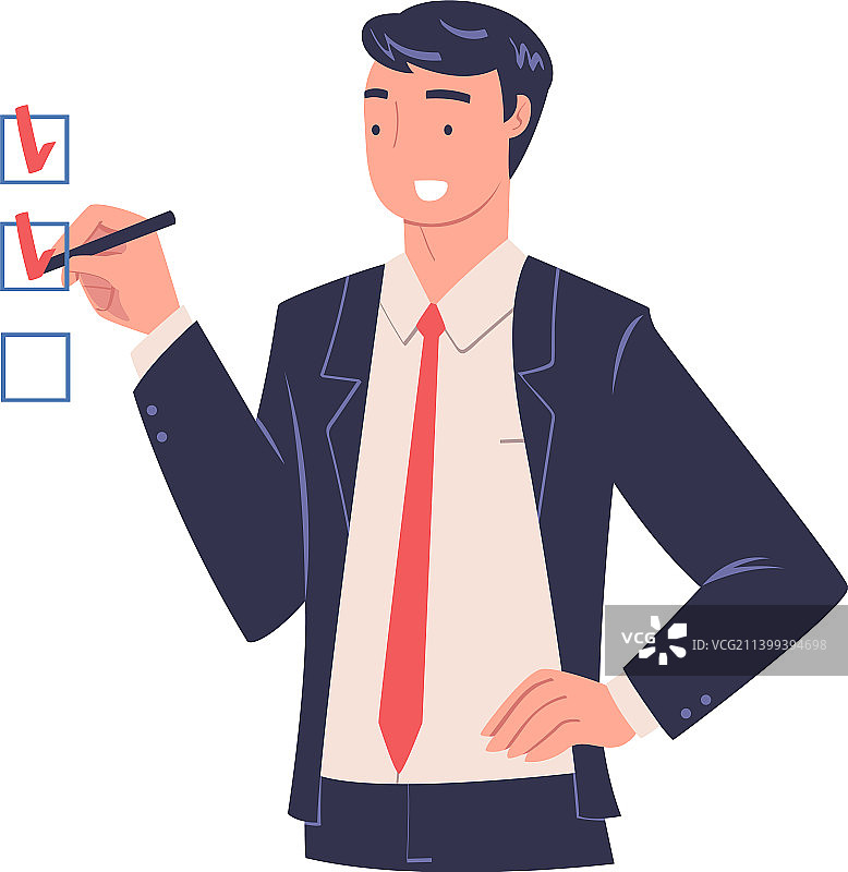 系着领带的微笑办公室职员在做标记图片素材