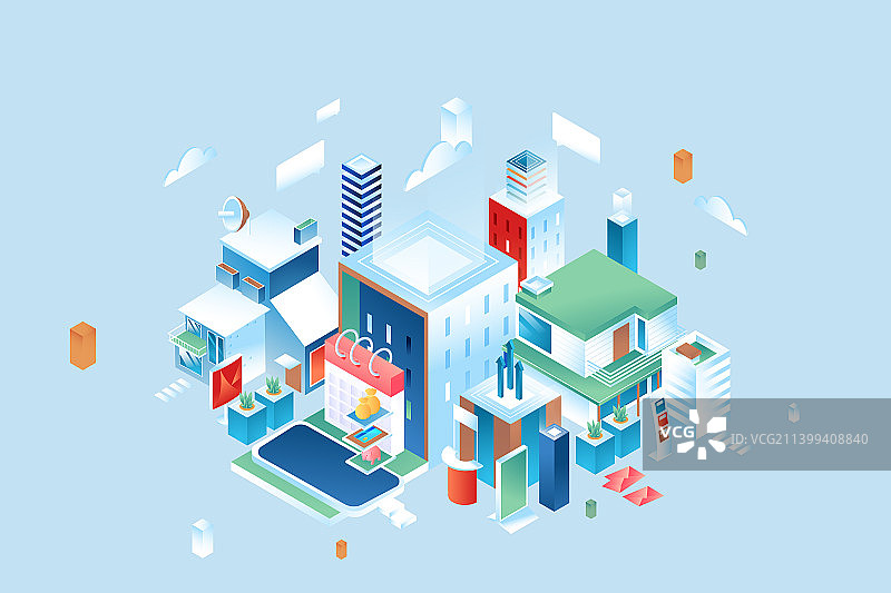卡通2.5d等距城市商城手机互联网运营店铺出行交通送礼双十一双十二购物节消费电商促销渐变矢量插画图片素材