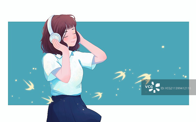 青春少女听音乐唯美插画图片素材