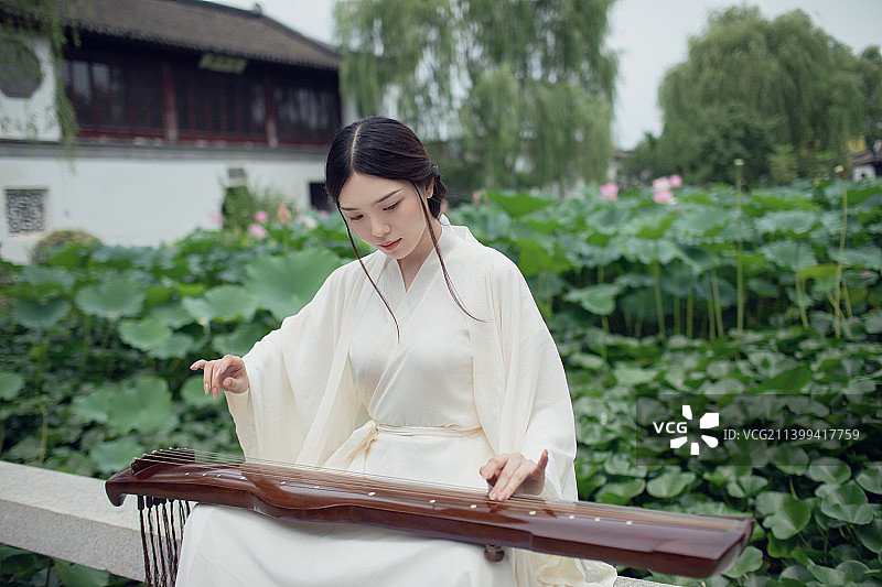 东方美人弹古琴,荷塘,中国风意境图片素材
