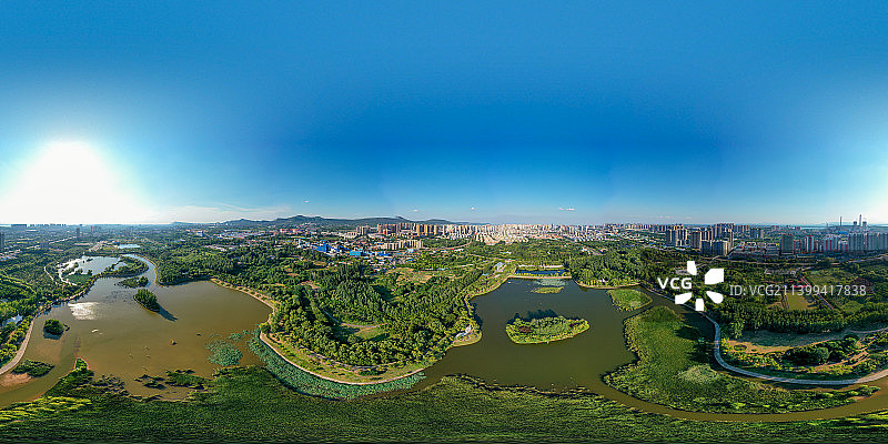 航拍河南省平顶山市白鹭洲国家城市湿地公园720°VR全景图图片素材