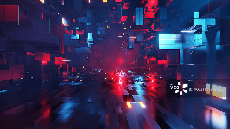 蓝红概念科技立方体发光隧道背景图片素材