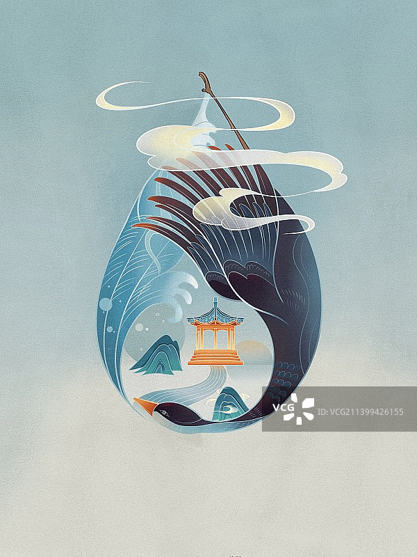 水滴形状大雁和亭子山和云图片素材