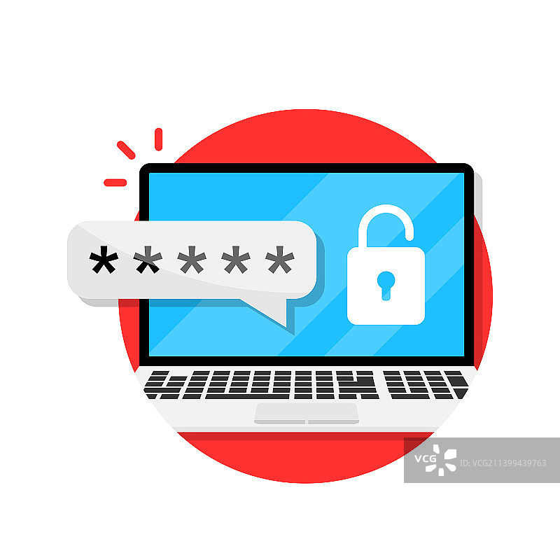 扁平风格的带密码通知图标的笔记本电脑图片素材