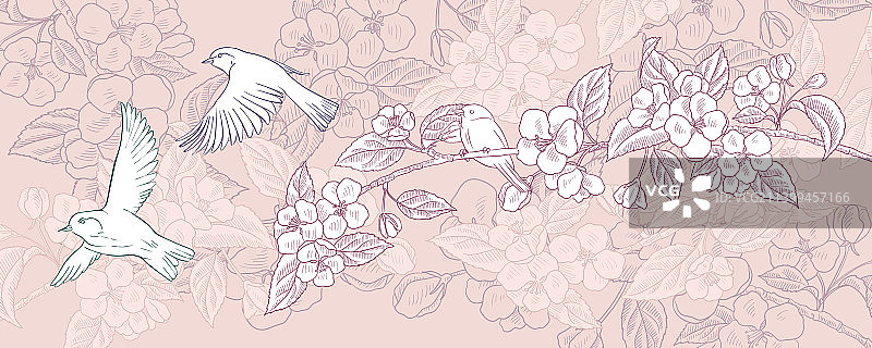 小鸟栖息的自然背景线条画图片素材